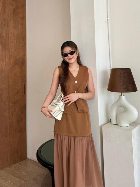V-neck Sleeveless Blouse With Skirts Sets